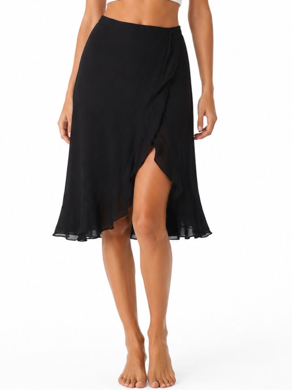 Vintage Lori Ann Petites Black Chiffon Ruffle Midi Skirt Size 12 Boho Romantic